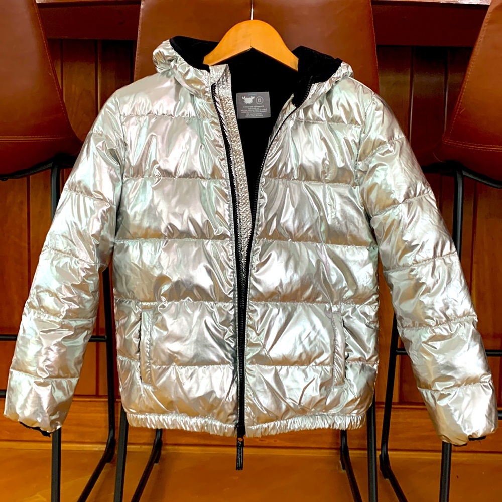 Silver puffer jacket, coat. Fleece lined and made by Primary.